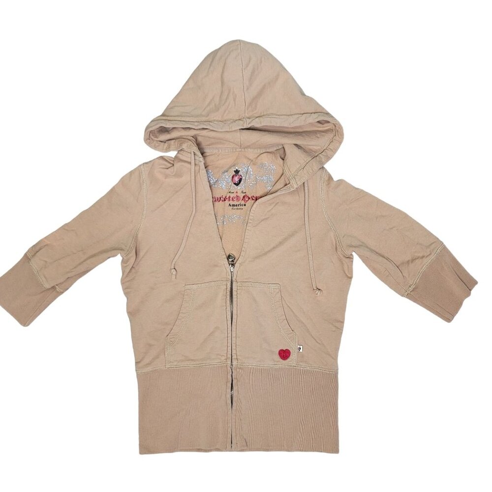 Twisted heart 90s Women's Beige Zip-Up Hoodie Embellished Graphic Size s